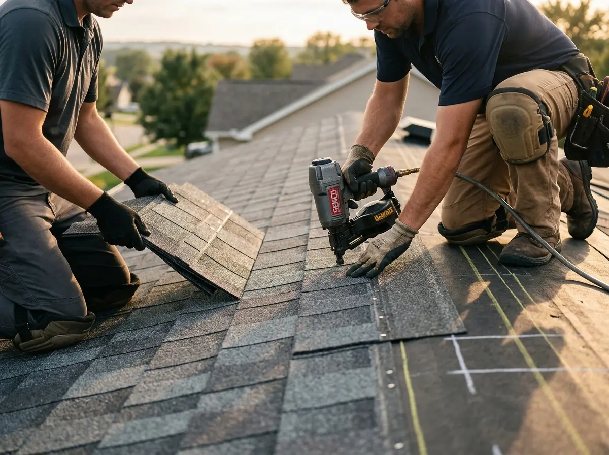 Professional roofer working on a residential roof in Angleton